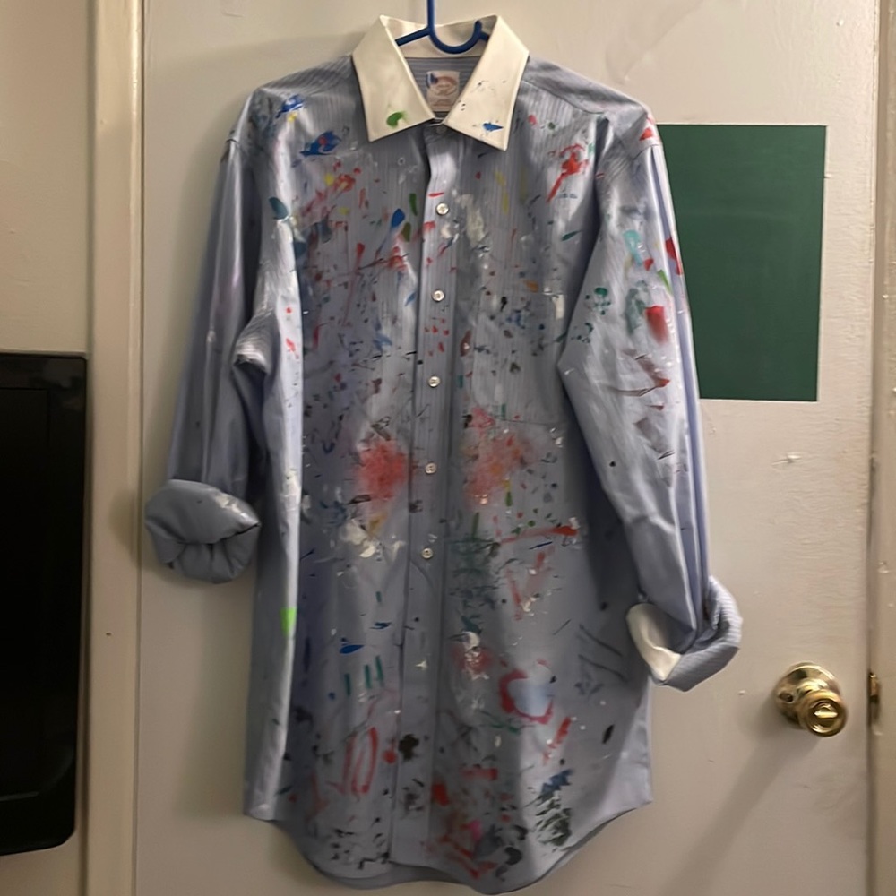 Paint splattered Brooks Brothers Oxford style button down shirt